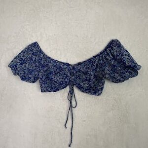 Wild Fable Womens Size M Blue Floral Crop Top Shirt Puff Sleeves Tie Back EUC